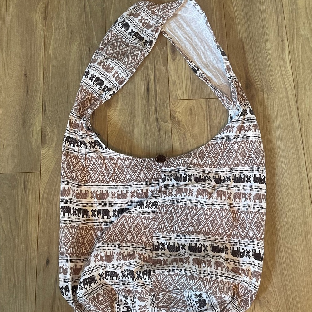Made in Thailand Brown Patterned Shoulder Bag Elephant Print w Zip Pocket